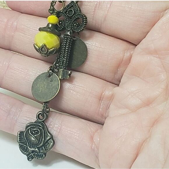 ARTISAN Beaded Charm Necklace Bronze Ball Chain Key Roses - Picture 2 of 7
